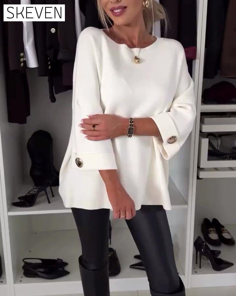 Fashion solid color round neck button pullover