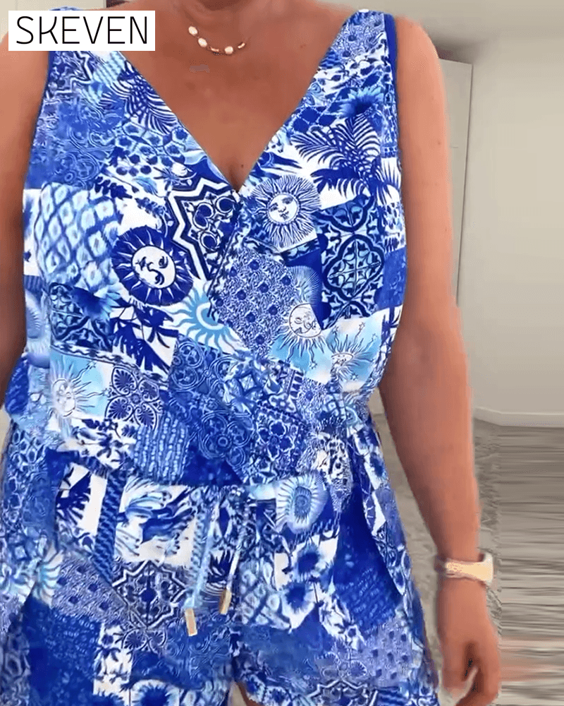 Maillot de bain une pièce imprimé à col en V, style conservateur
