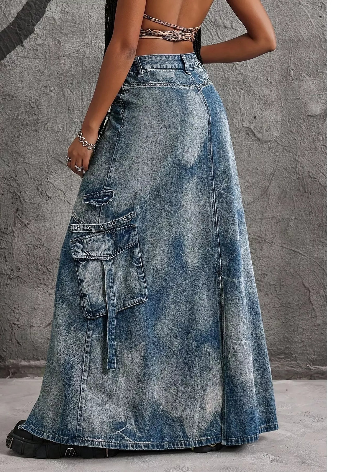 High-Waisted Denim Maxi Skirt with Zipper Slit