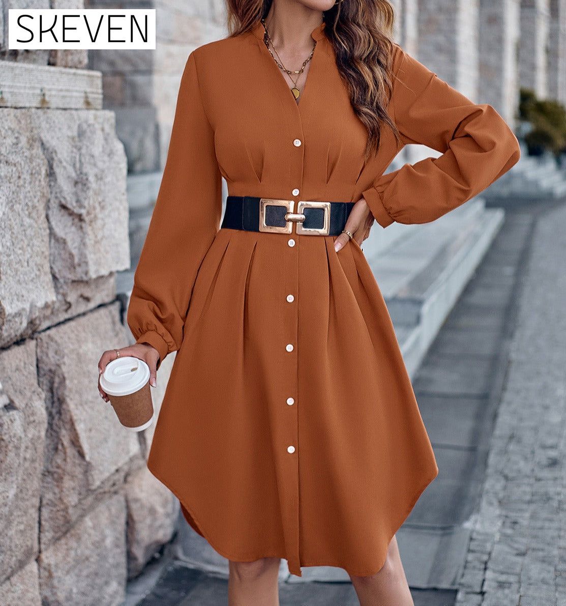 Notched Neck Long Sleeve Dress casual dresses clothes dress dresses long sleeve dress long sleeve dresses S.N Ship From Overseas short dresses trend