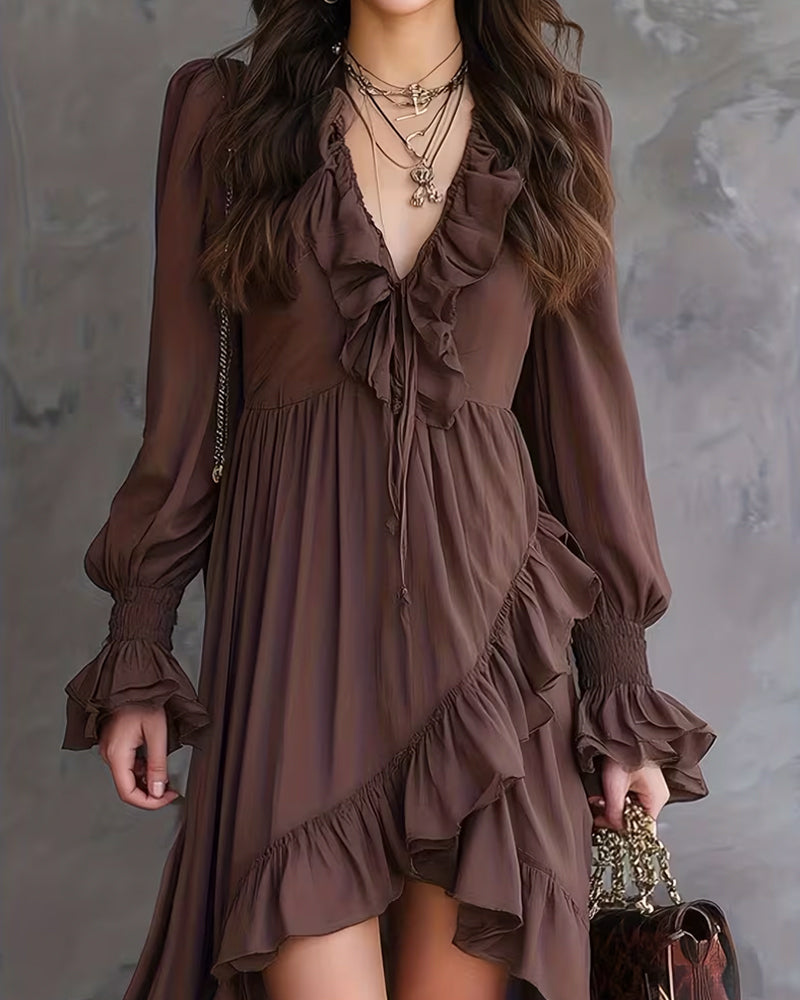 Lantern Sleeve Ruffled Asymmetrical Dress