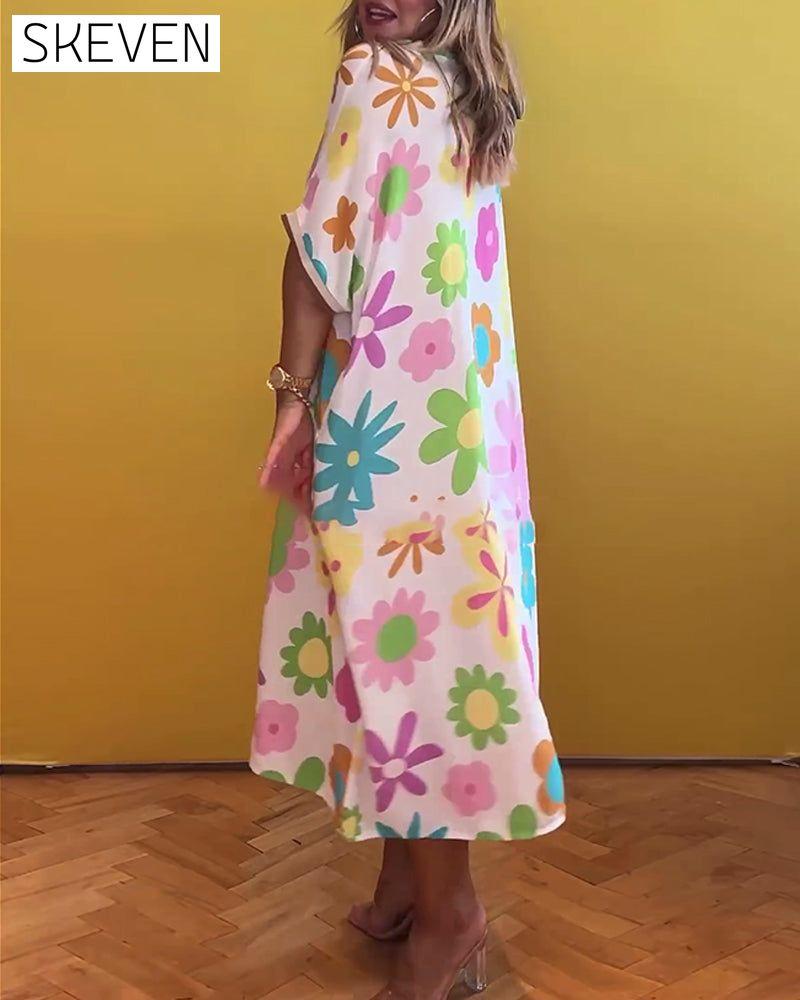 Loose V-neck floral print dress