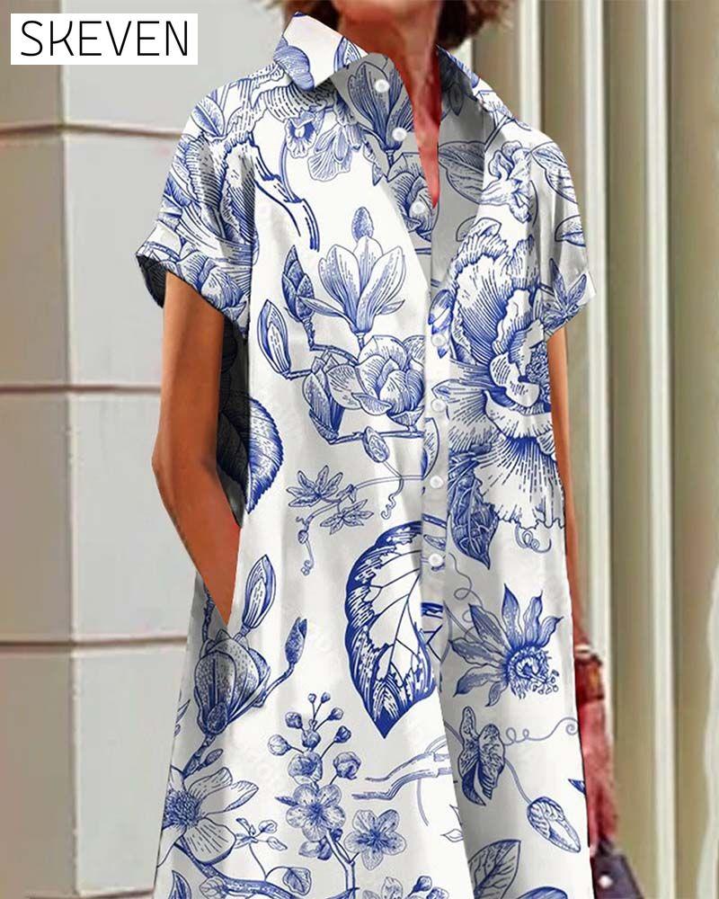 Casual elegant printed dress with lapel pockets