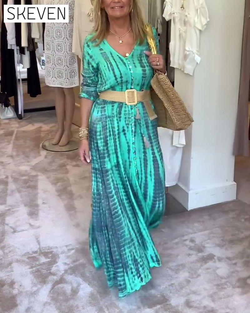 Printed V-neck button-down maxi dress