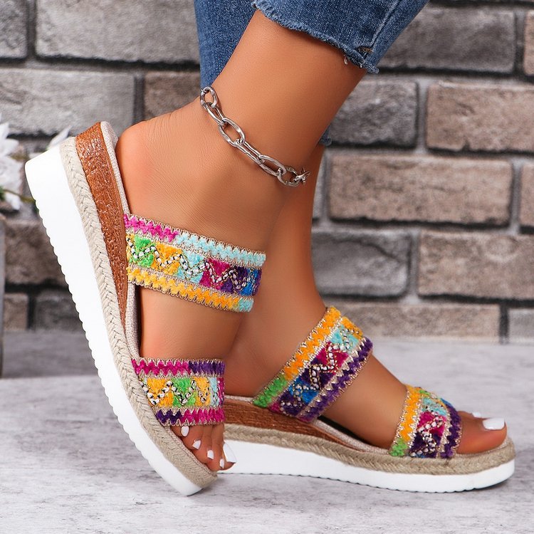 Wavy Pattern Woven Sandals Casual Style Sandals Wide Strap Wedges
