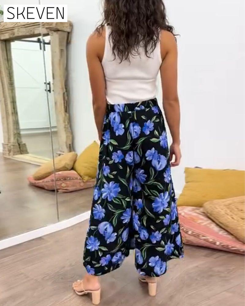 Floral print high waisted wide leg pants