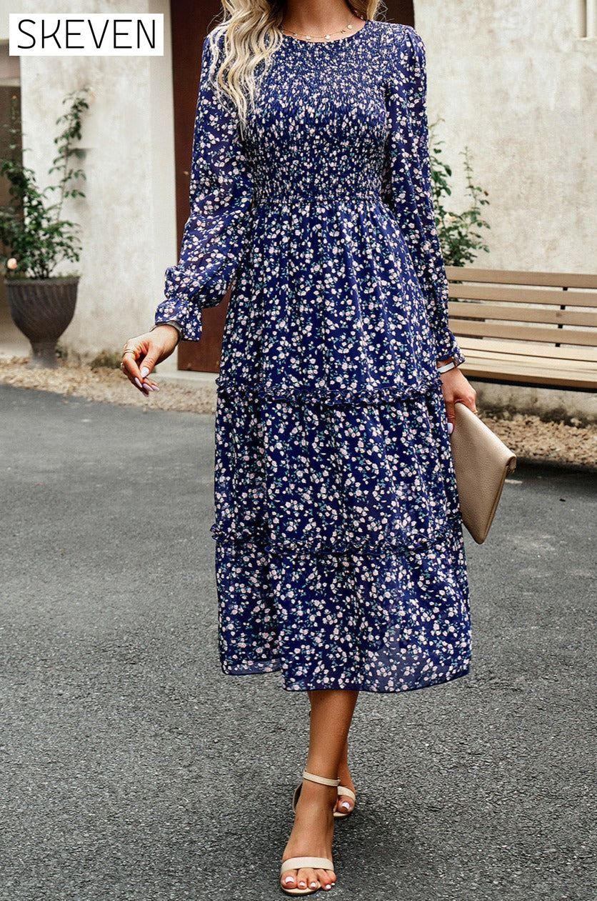 Smocked Flounce Sleeve Midi Dress Peacock Blue clothes DY Ship From Overseas trendsi