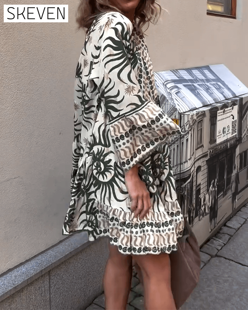 Bell Sleeve Loose Printed Holiday Dress