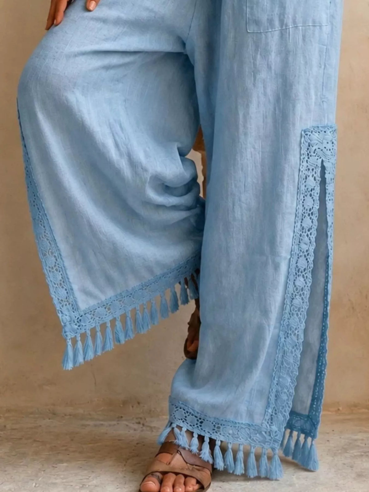 Lace Detail Slit Wide Leg Pants
