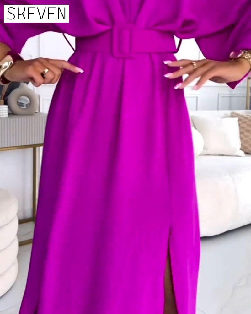 Elegant solid color V-neck slit long sleeve dress