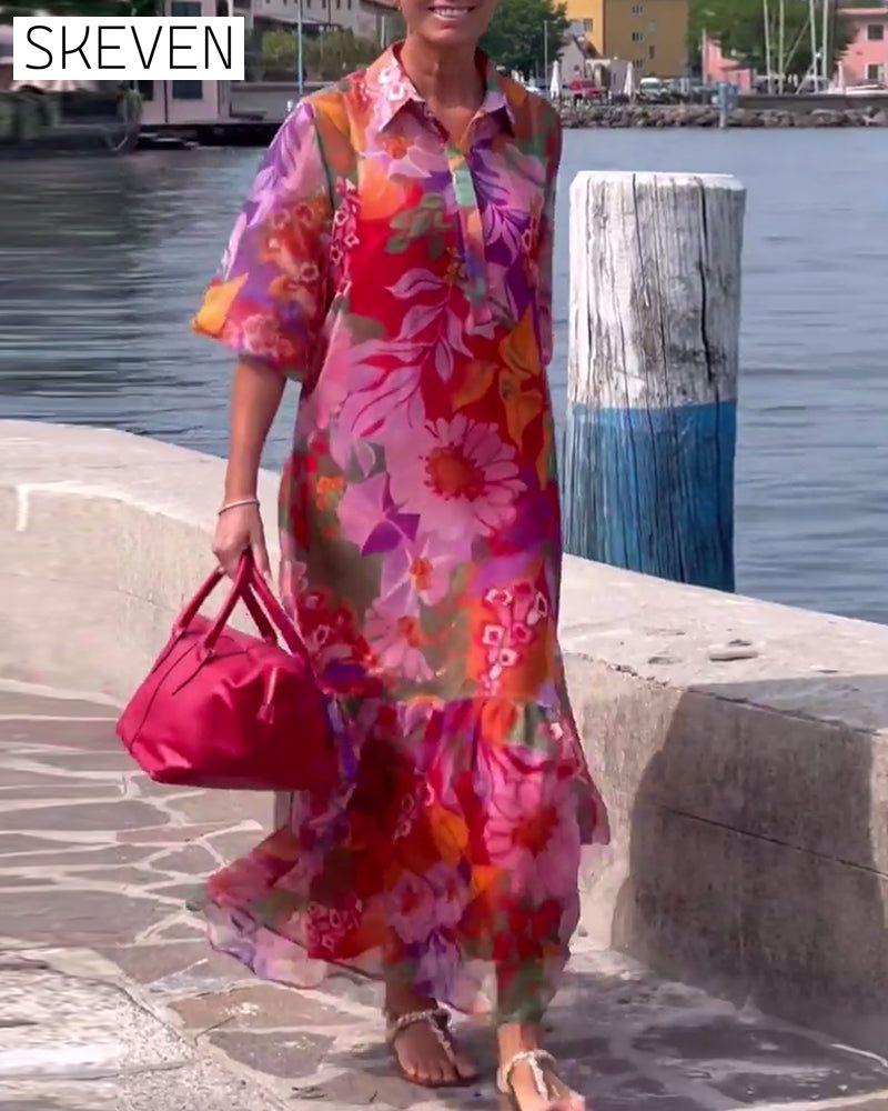 Colorful Printed Lantern Sleeve Loose Dress