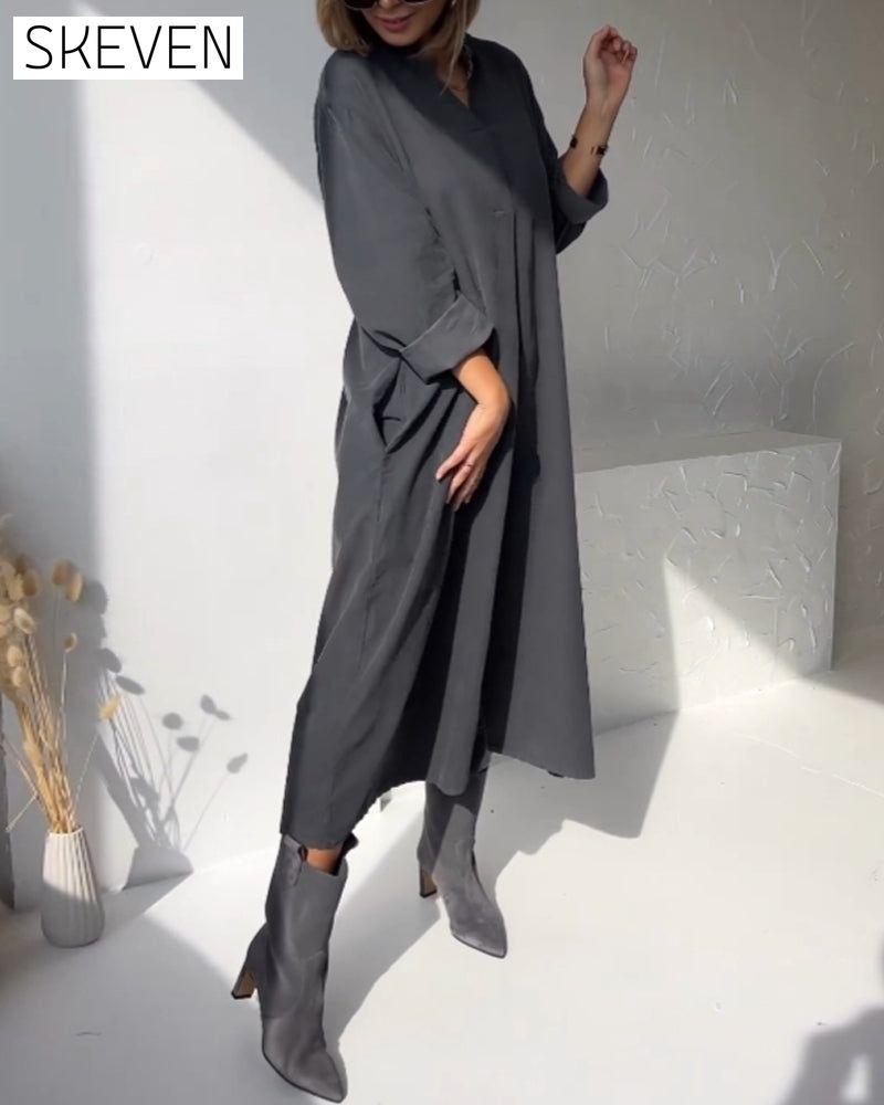 V-neck solid color pocket dress