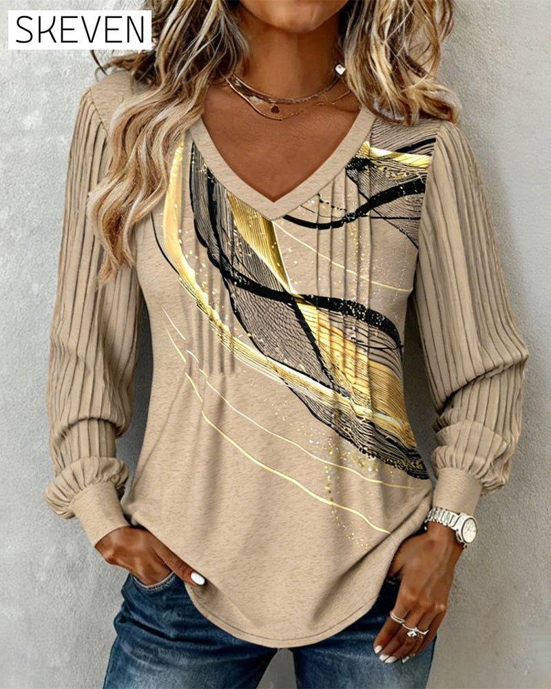 V-Neck Printed Pit Strip Long-Sleeved Top