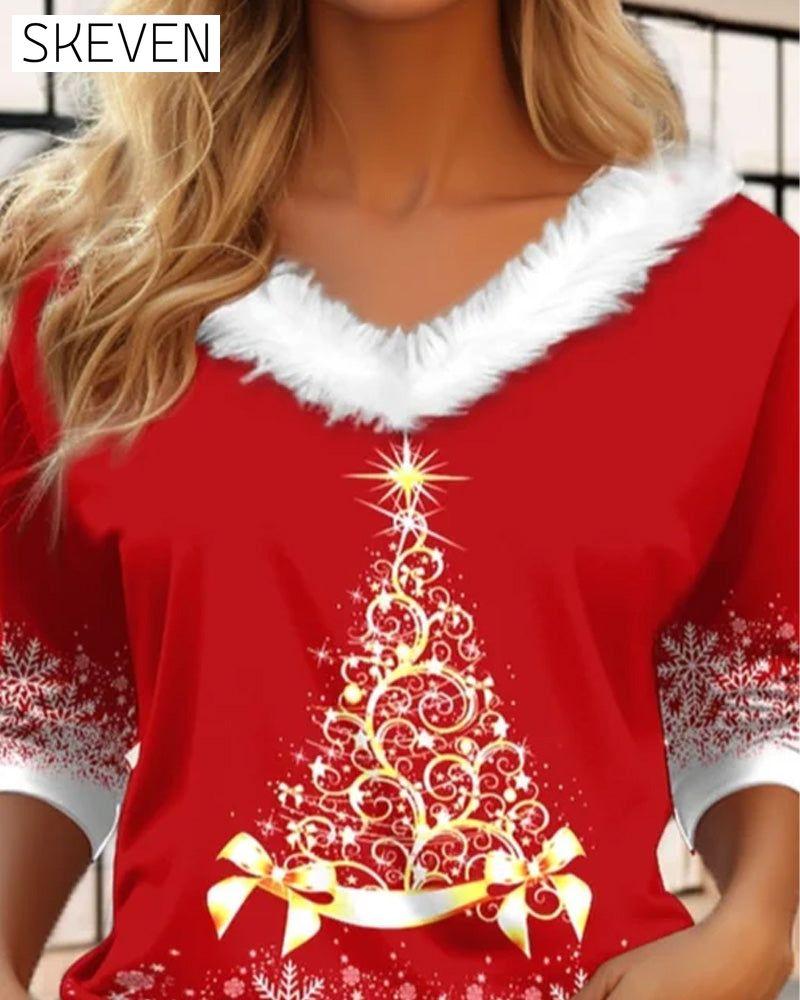 Plüschtop mit V-Ausschnitt und Weihnachtsbaum-Print