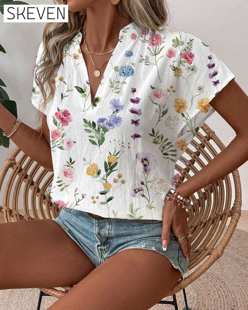 Floral Print Short-Sleeved Blouse