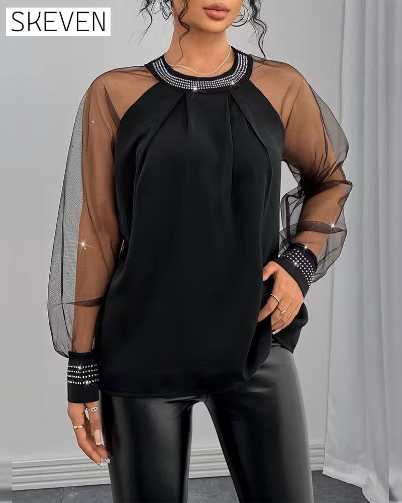 Modische, langärmelige Bluse aus Strass-Mesh