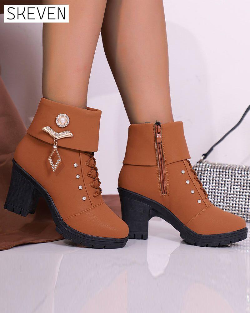 Women's Chunky Heeled Ankle Boots with Rhinestone Decor