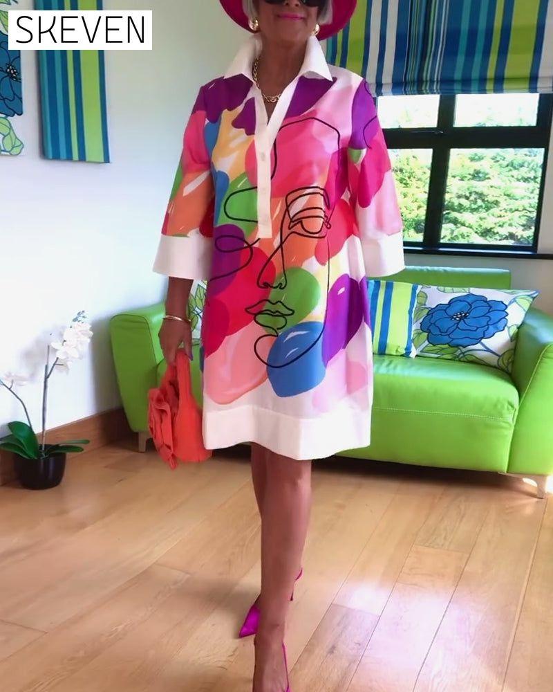 Lapel color portrait print dress