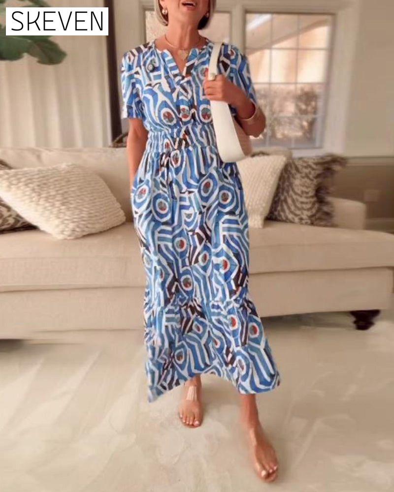 Bedrucktes Kurzarmkleid mit Taillenbund