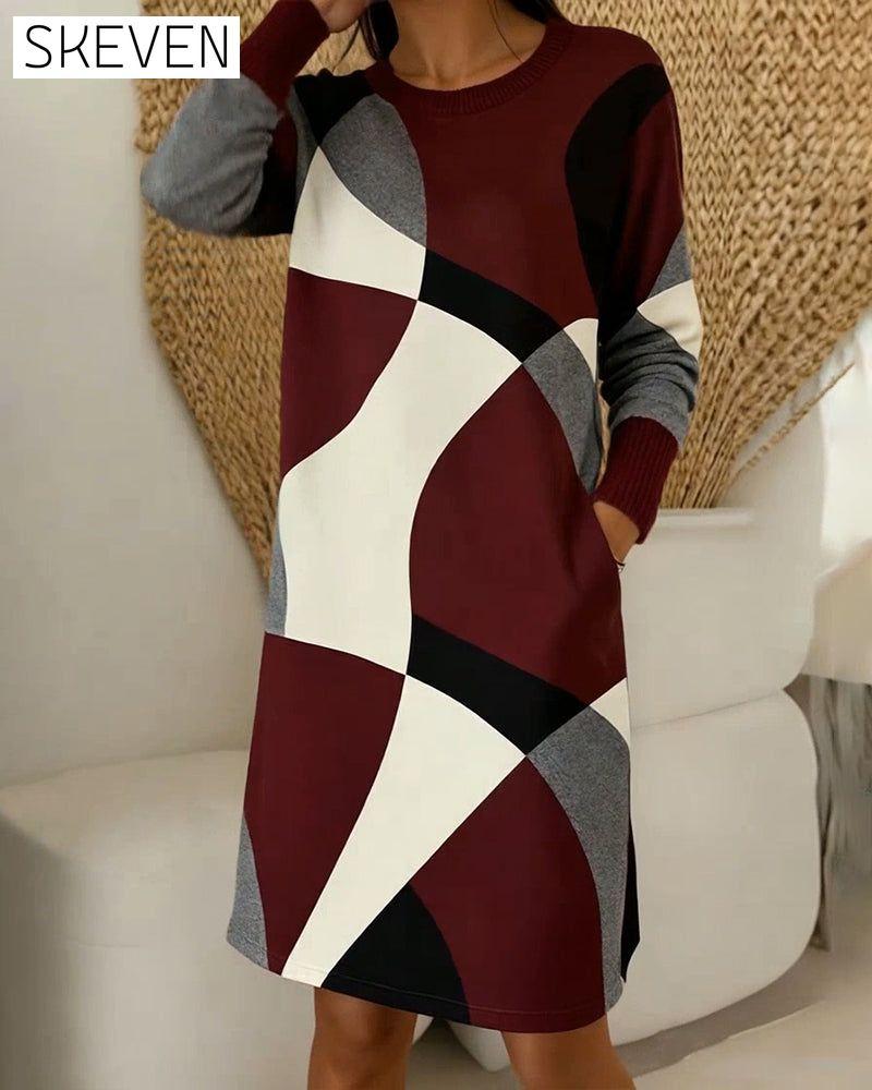 Color-Blocked Fashionable Round Neck Dress
