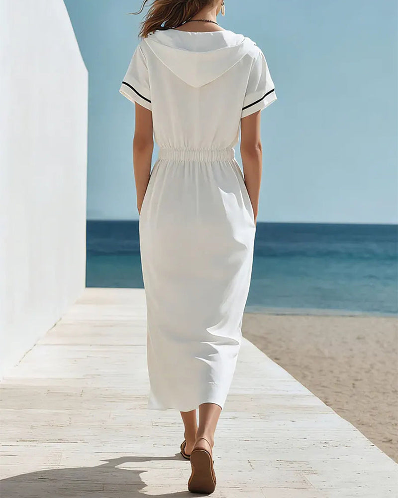 Color-Block Hooded Drawstring Waist Dress
