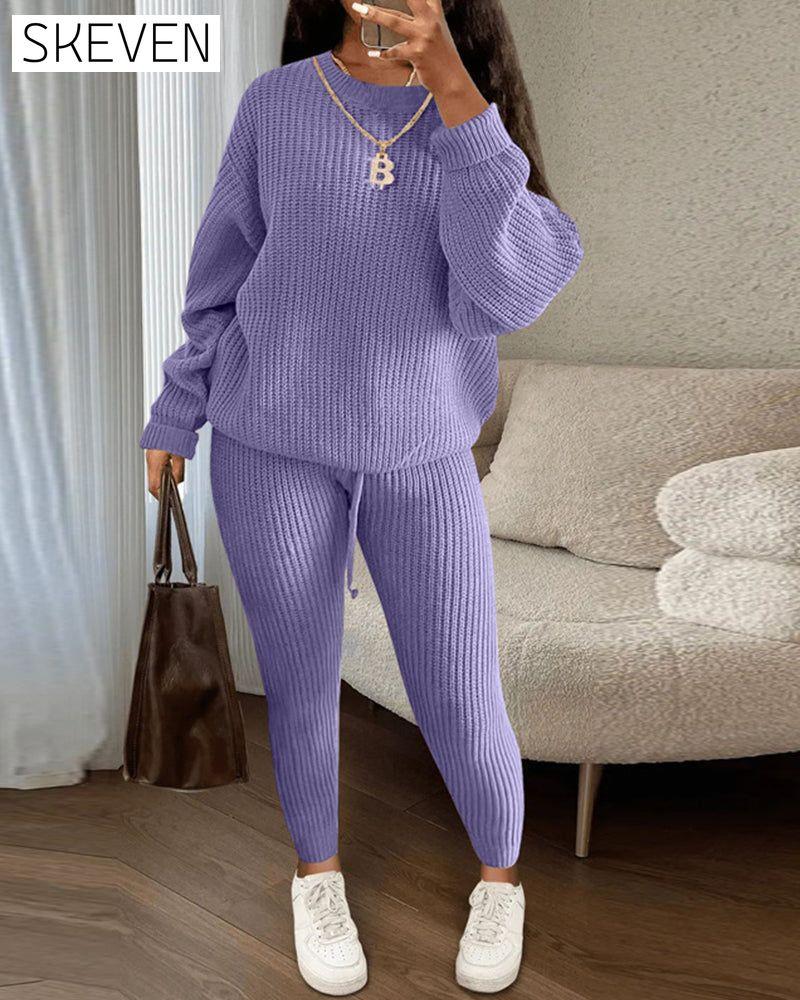 Round neck solid color casual two-piece set