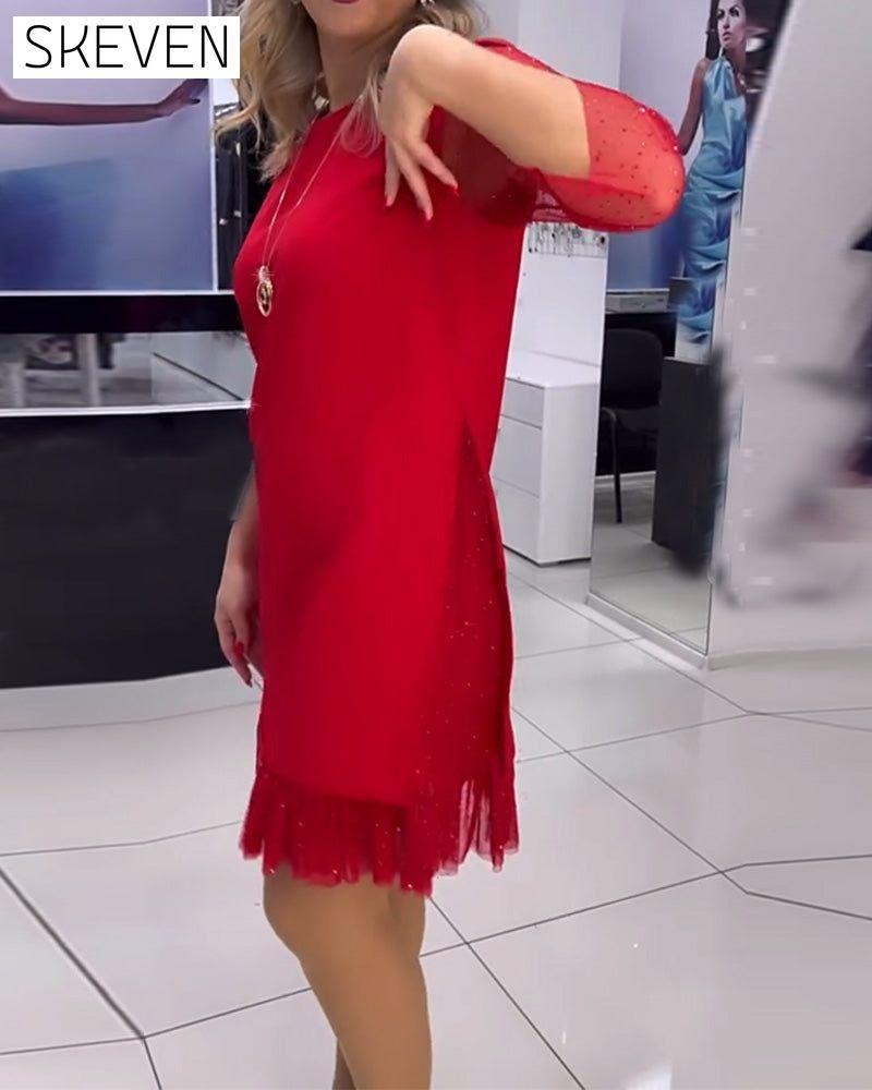 Solid color mesh stitching sequin dress