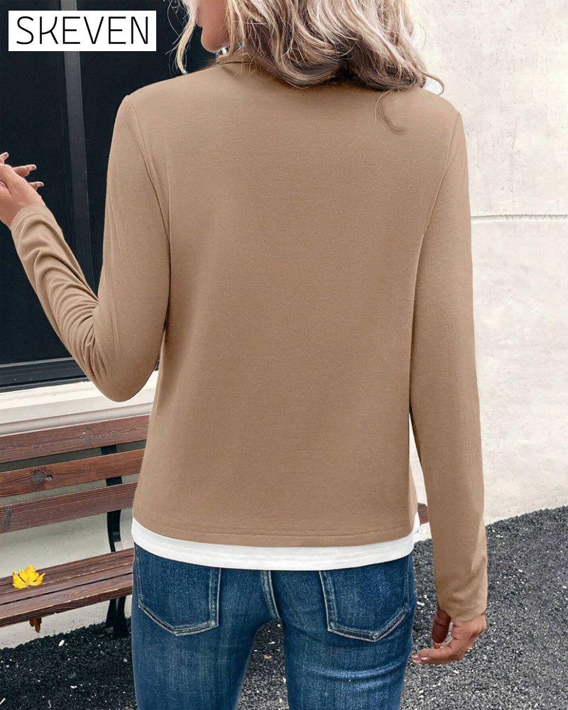 Long-Sleeved Fake Two-Piece Solid Color Top