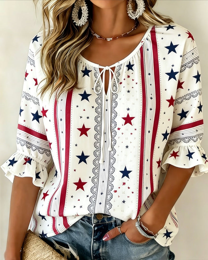 Printed Lace-Up Ruffle Sleeve Blouse