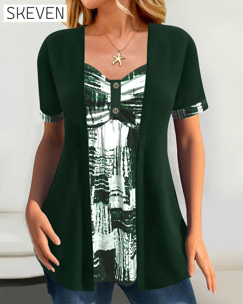Printed Fake Two Piece Irregular Blouse