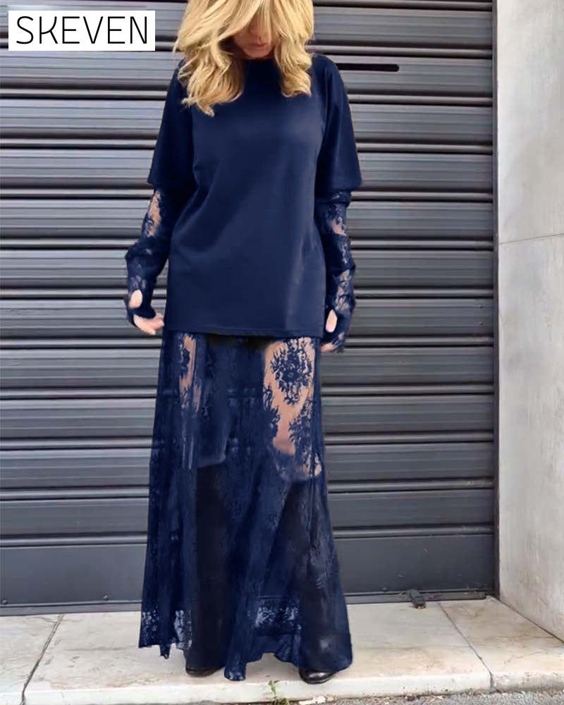 Ensemble deux pièces - t-shirt uni et jupe en dentelle