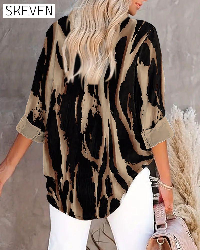 Stand Collar Irregular Printed Blouse