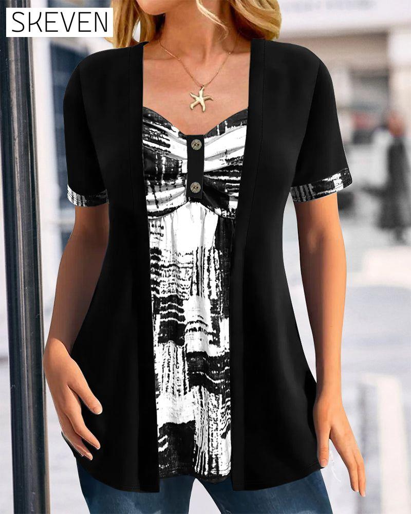 Printed Fake Two Piece Irregular Blouse