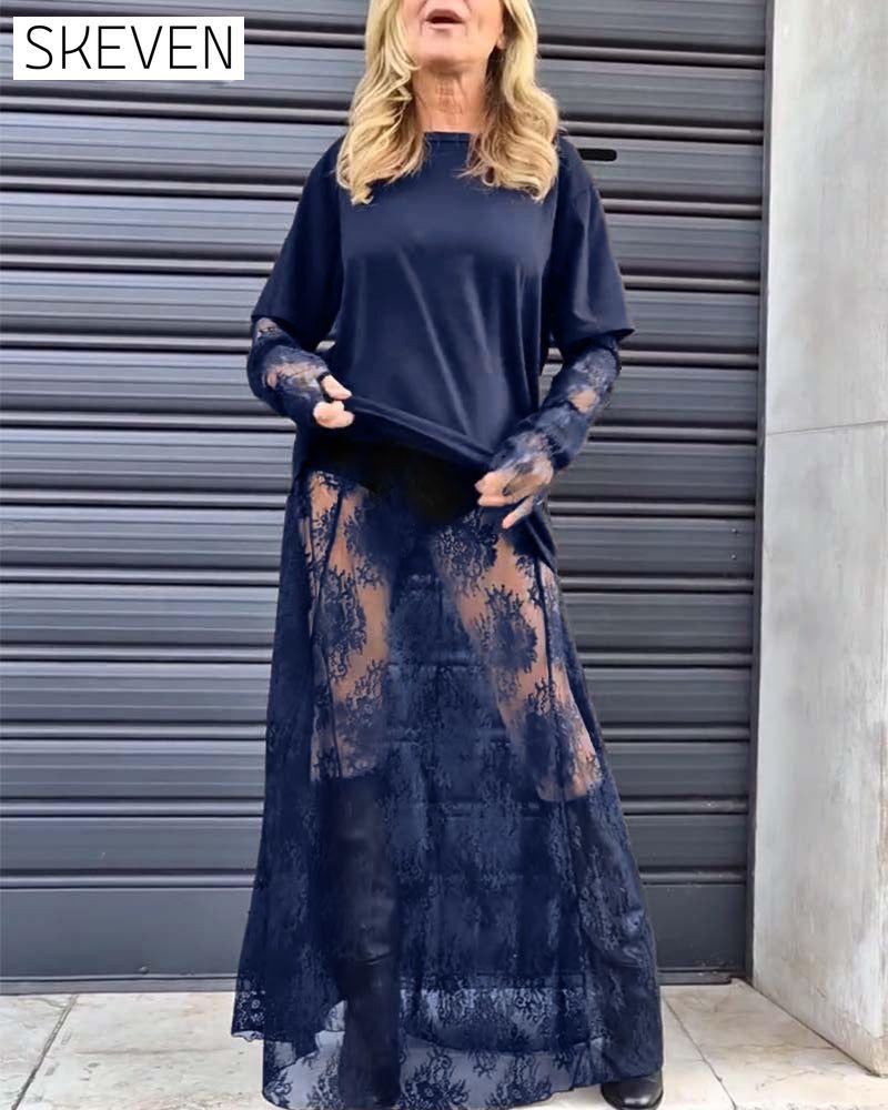 Ensemble deux pièces - t-shirt uni et jupe en dentelle