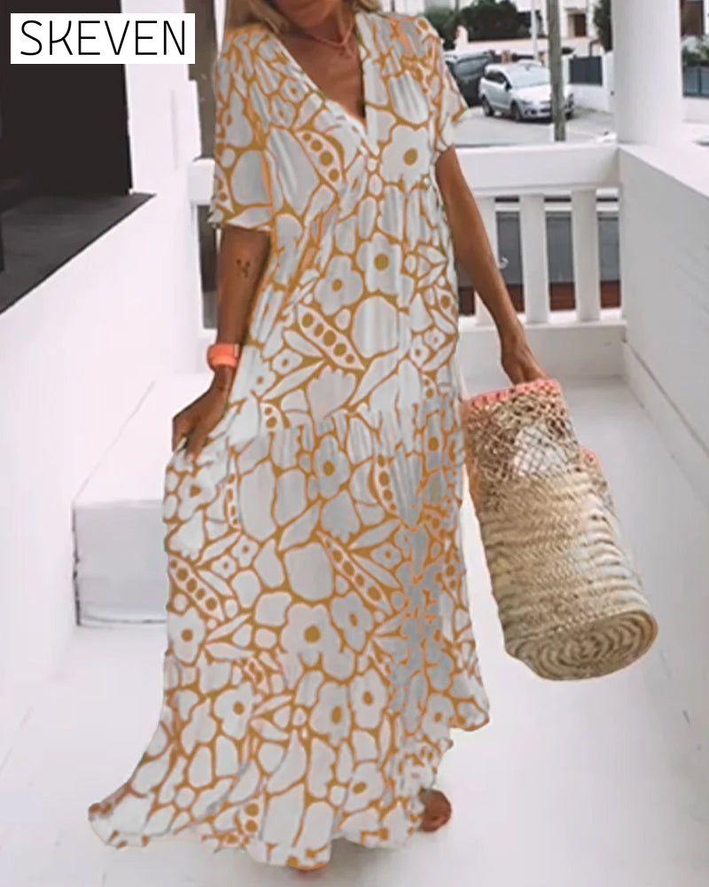 Printed v-neck loose dress Yellow 23BF Casual Dresses Clothes Dresses Spring Summer