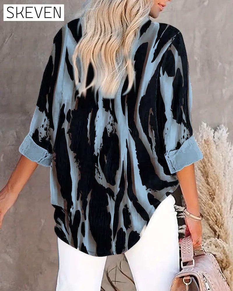 Stand Collar Irregular Printed Blouse