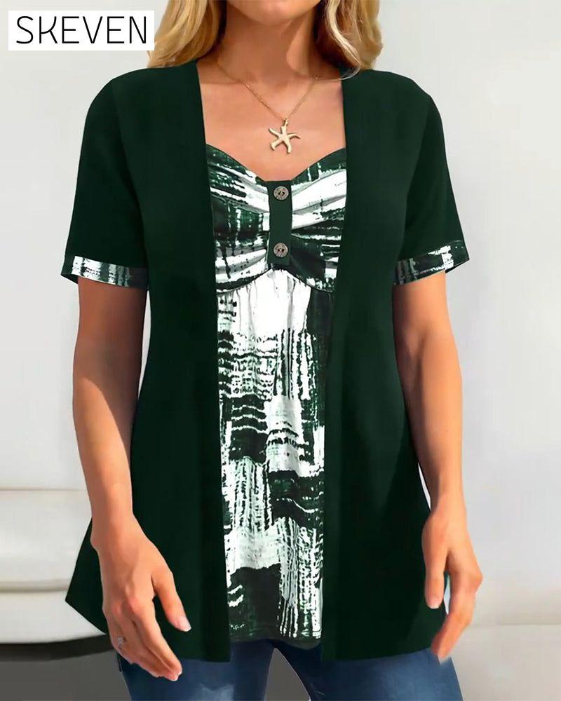 Printed Fake Two Piece Irregular Blouse