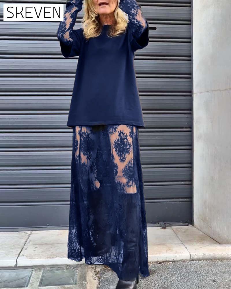 Ensemble deux pièces - t-shirt uni et jupe en dentelle