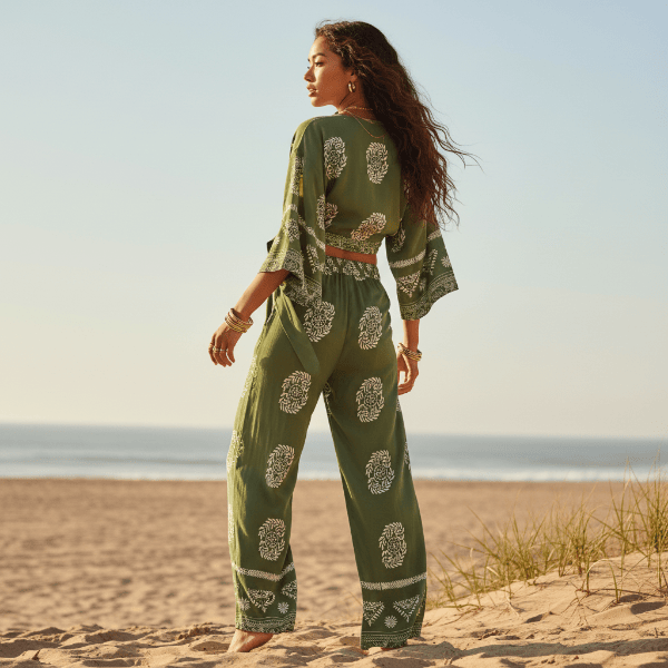 Boho Olive Print Kimono & Wide Leg Pants Set