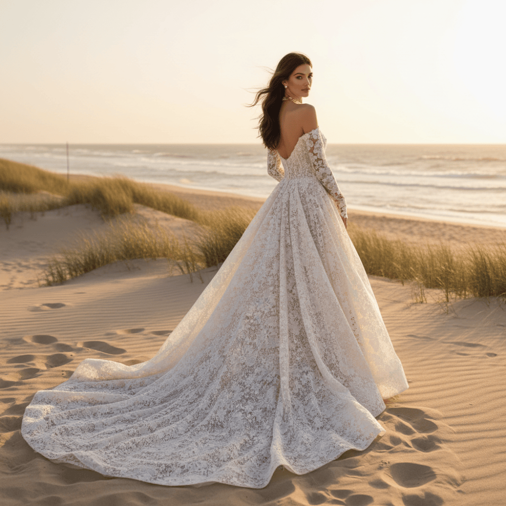 Romantic Off-the-Shoulder Floral Lace Ball Gown Wedding Dress