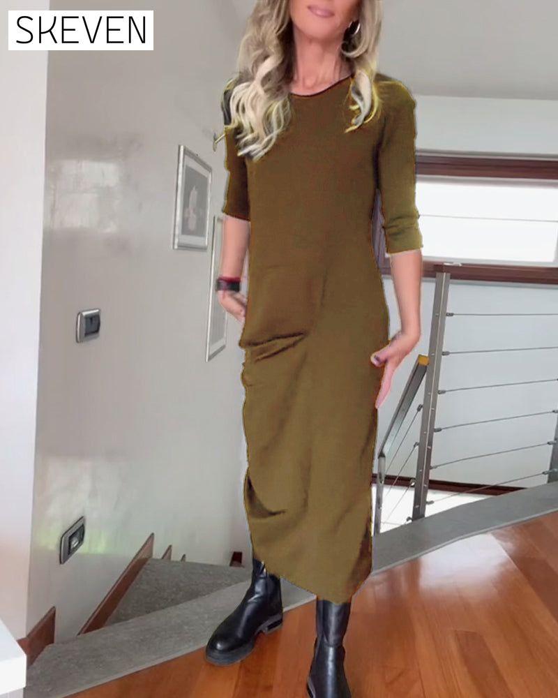Round neck pleated solid color elegant dress