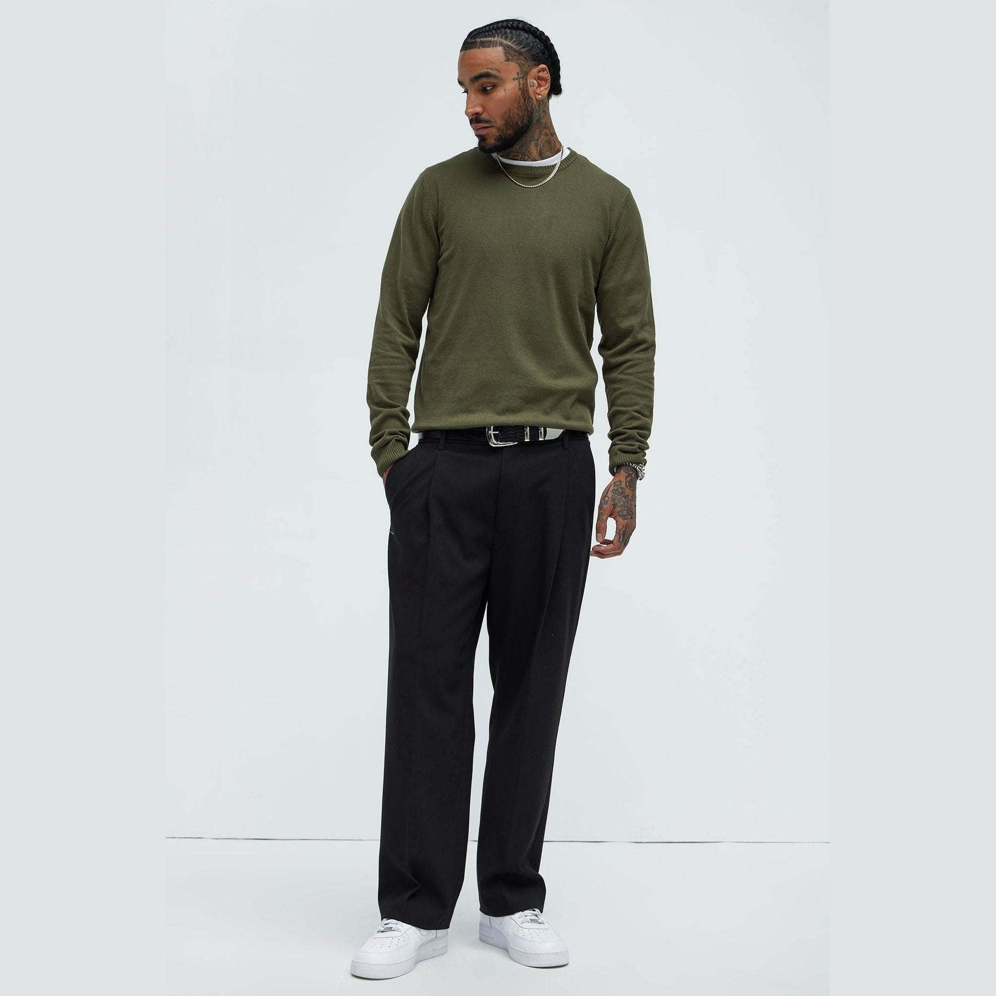 Mens Olive Green Crewneck Sweater