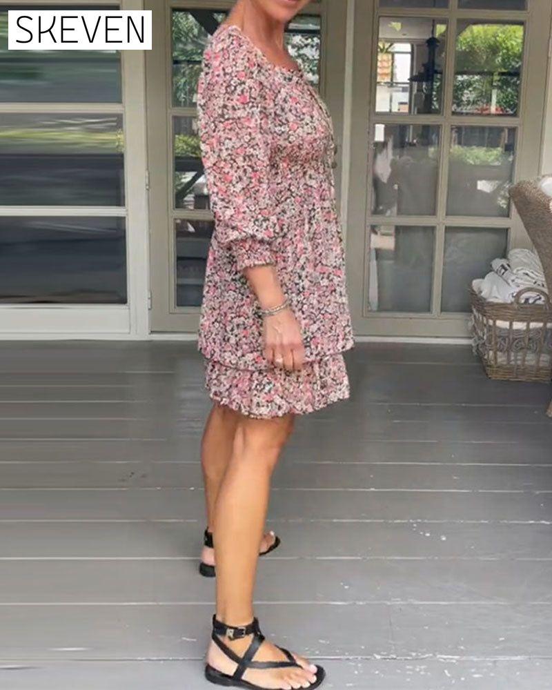 Square Neck Floral Print Casual Dress