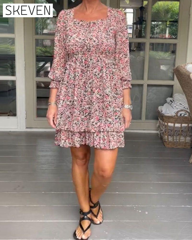 Square Neck Floral Print Casual Dress