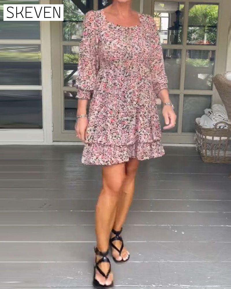 Square Neck Floral Print Casual Dress