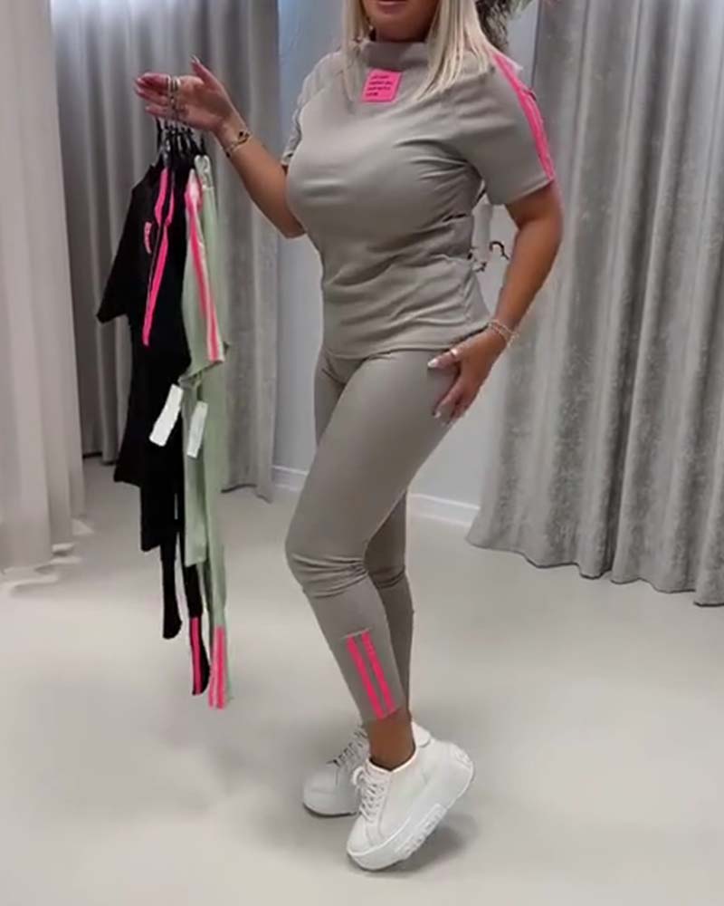 Slim Fit Double Stripe Color Block Short Sleeve Set