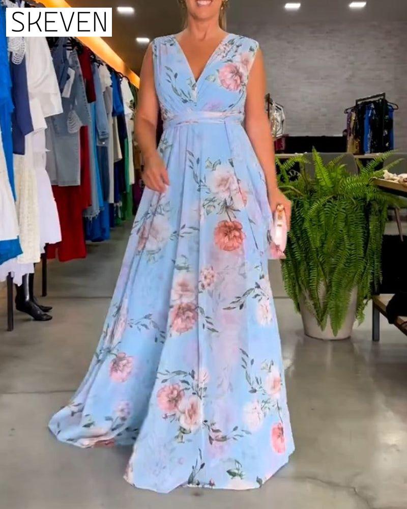 Floral print V-neck elegant sleeveless dress