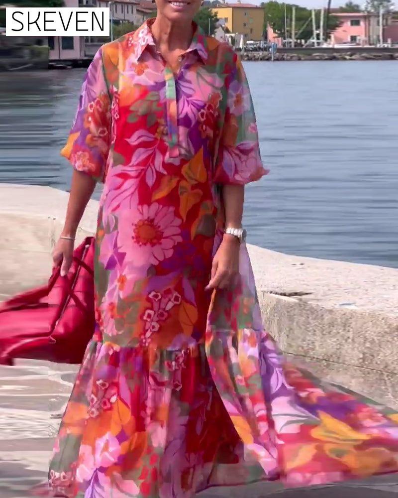 Colorful Printed Lantern Sleeve Loose Dress