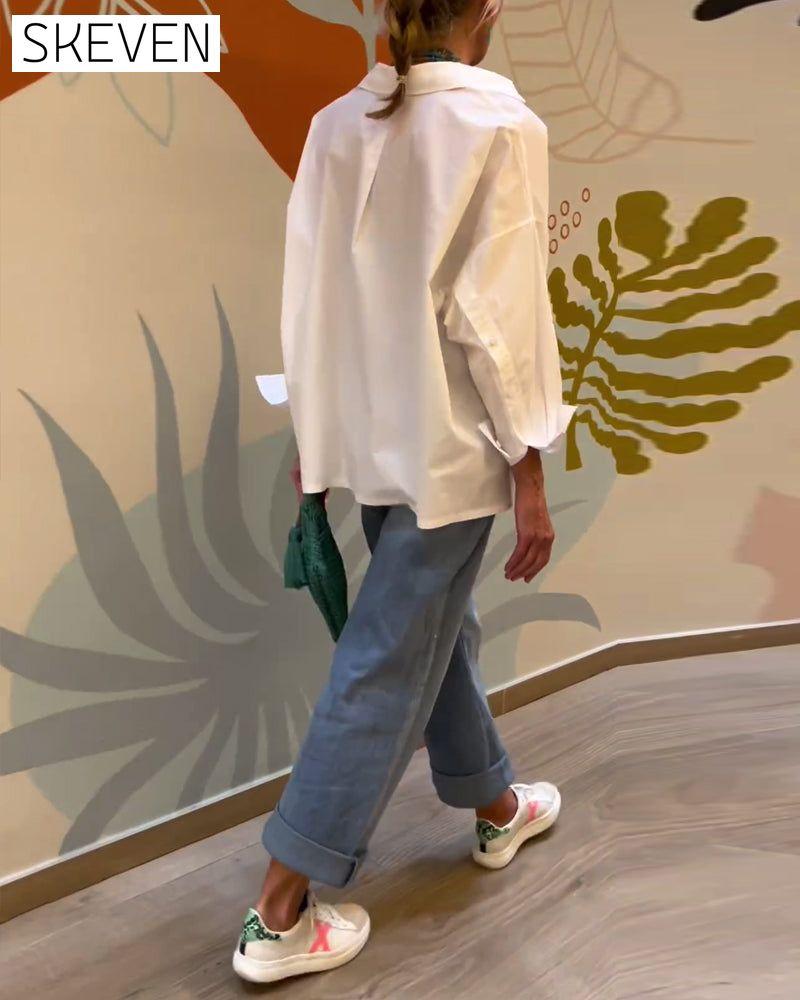 Commuting solid color lapel top Blouses & Shirts Cotton and Linen Spring