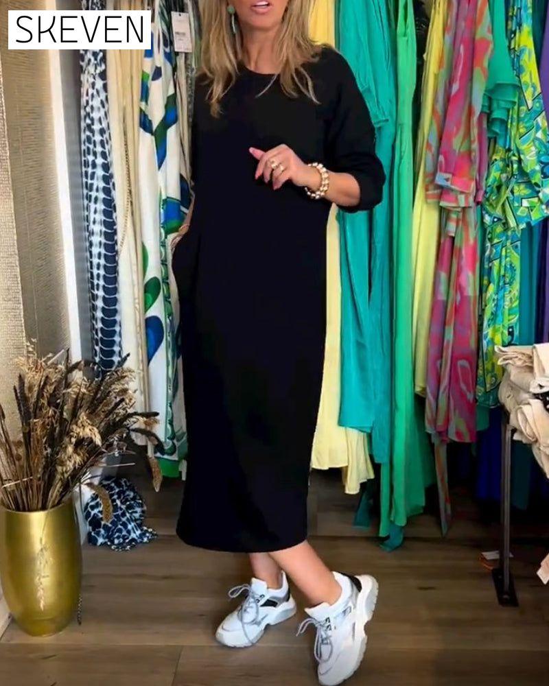 Solid Color Round Neck Dress